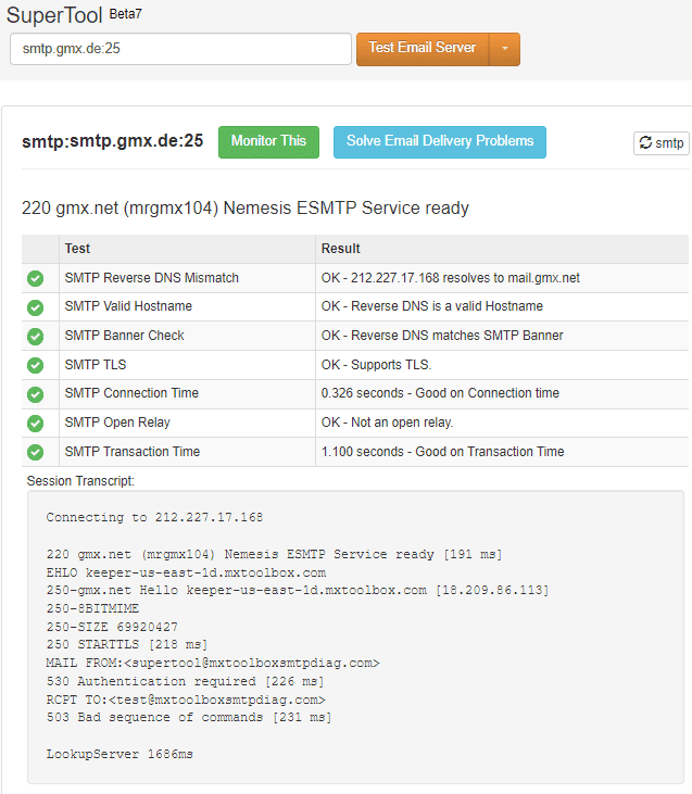 MXToolbox SMTP Diagnostic results