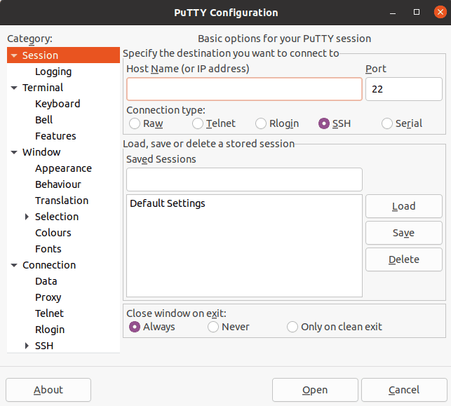 PuTTY configuration window