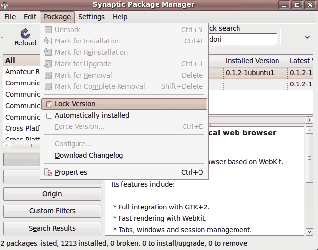 Locking a package using Synaptic