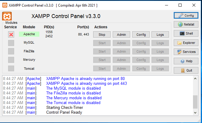 XAMPP control panel