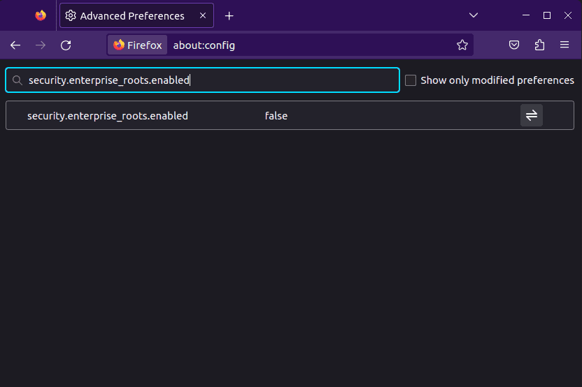 Search menu inside Firefox configuration for the enterprise roots setting