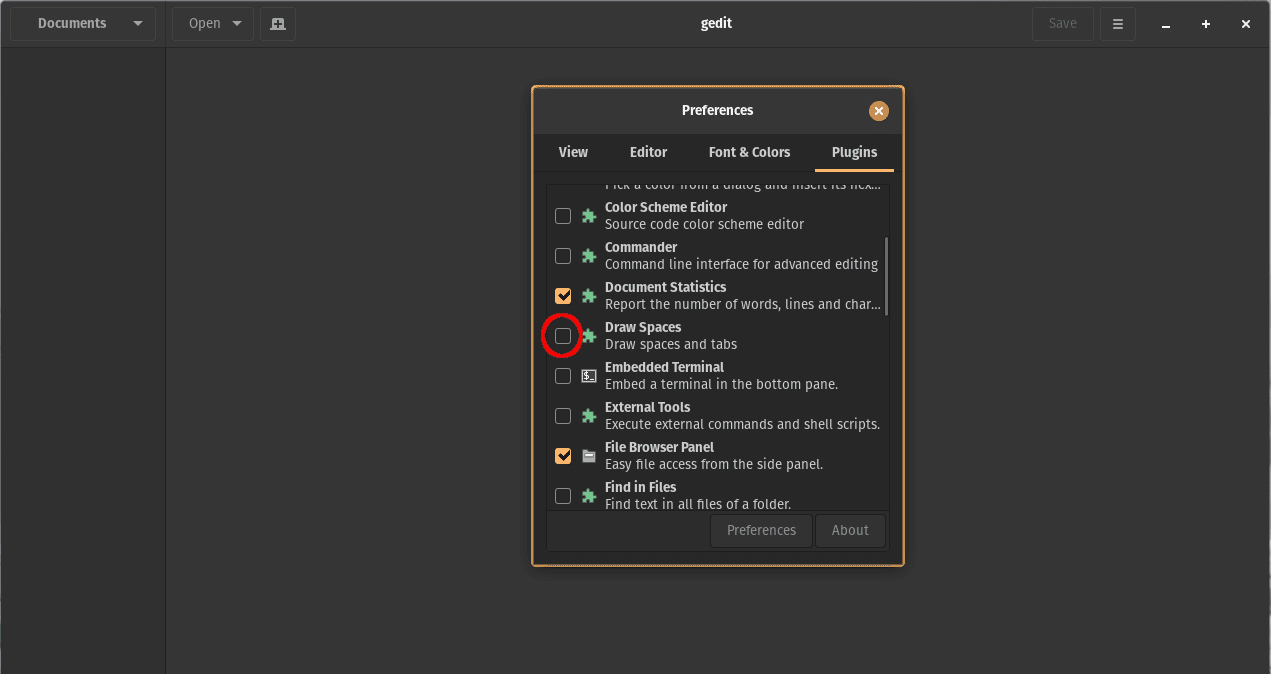 Gedit Draw Spaces plugin's checkbox