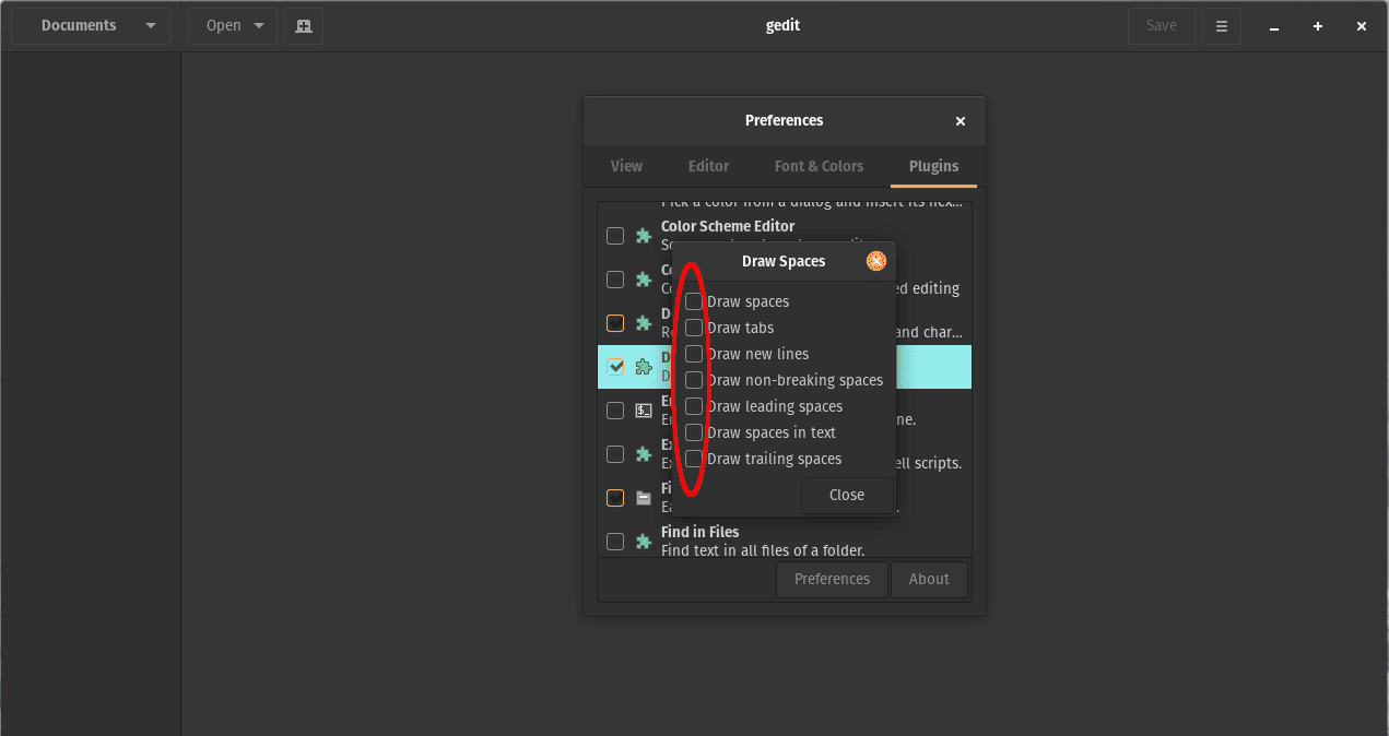 Gedit Draw Spaces plugin preferences