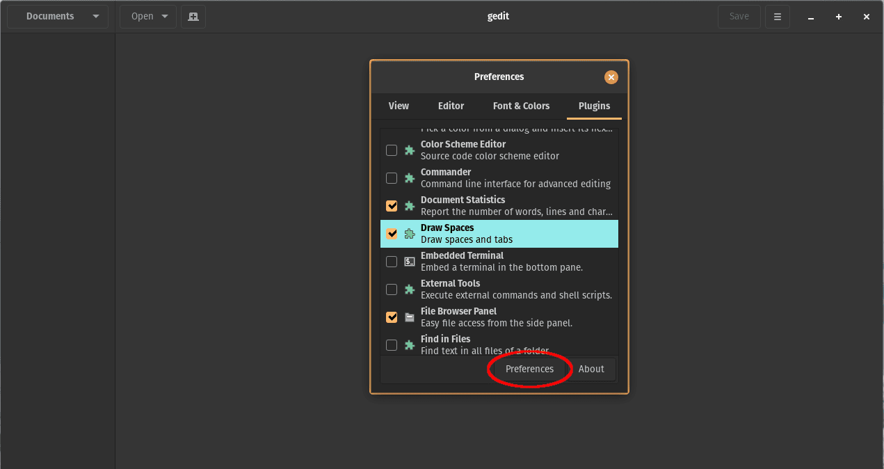 Gedit plugin preferences button