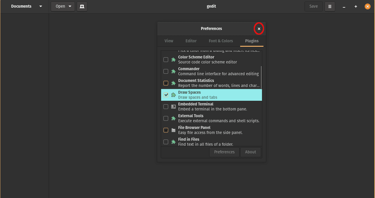 Gedit preferences dialogue box