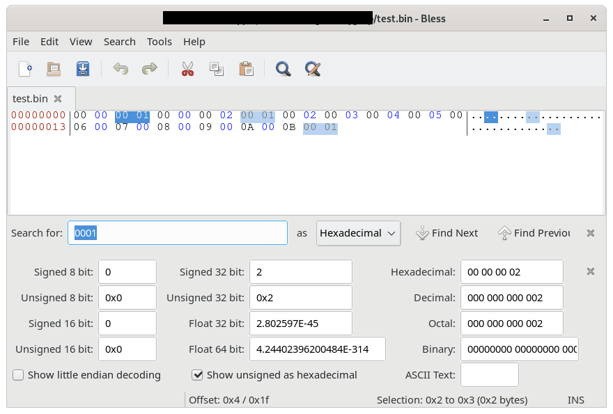 Bless hex editor, search function