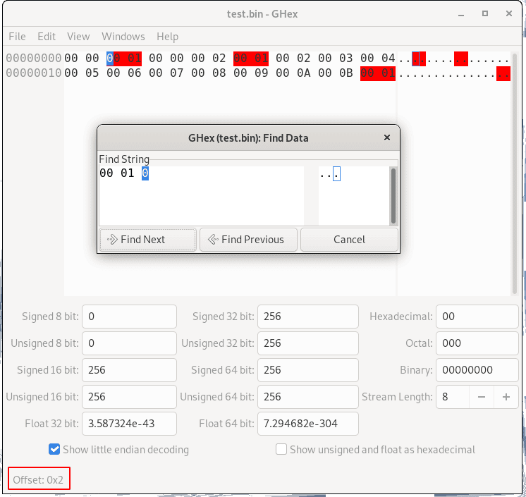 GHex hex editor, search function