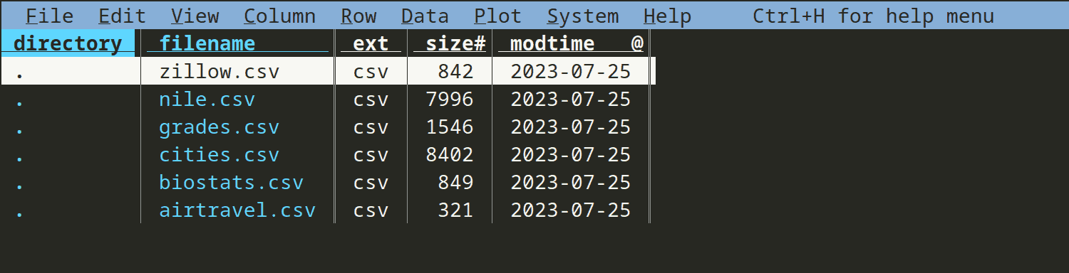 Starting view of visidata