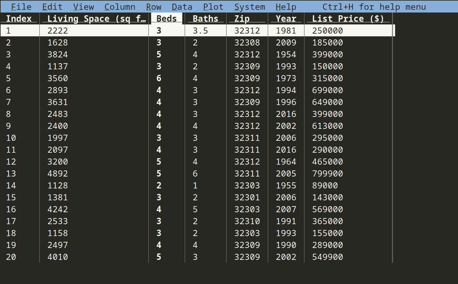 Spreadsheet example in visidata