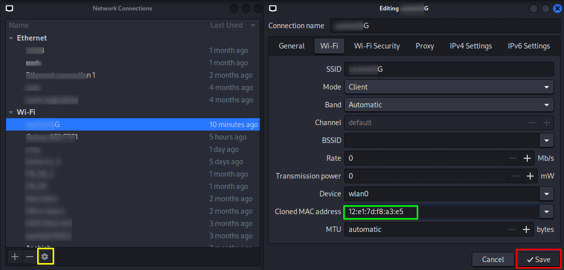 Modify MAC in the Cloned Mac Address section in Kali Linux