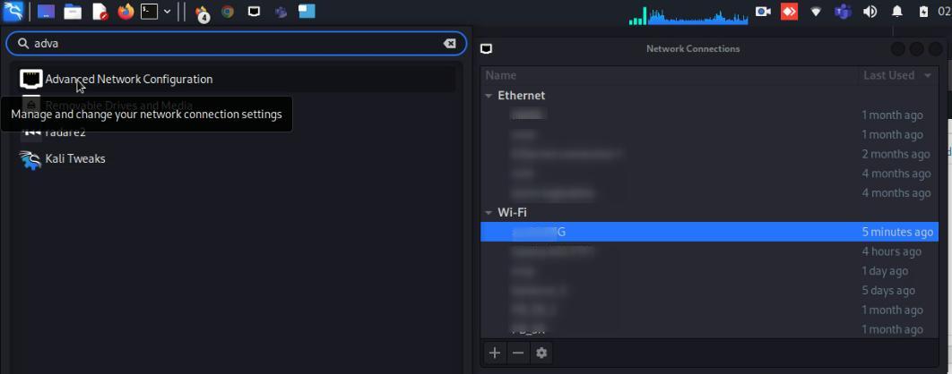 Advanced Network Configuration menu in Kali Linux