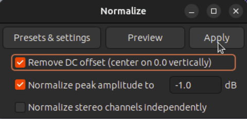 Audacity: Normalize Settings