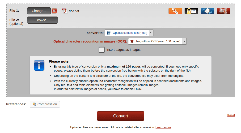 Uploading a PDF document for conversion and choosing if we want OCR conversion