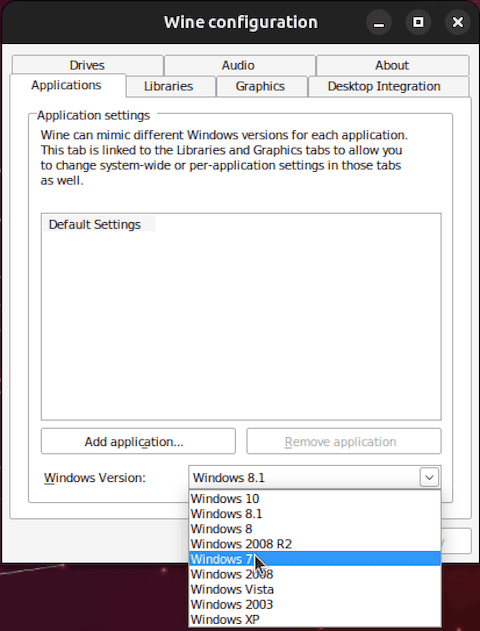 winecfg Application Compatibility