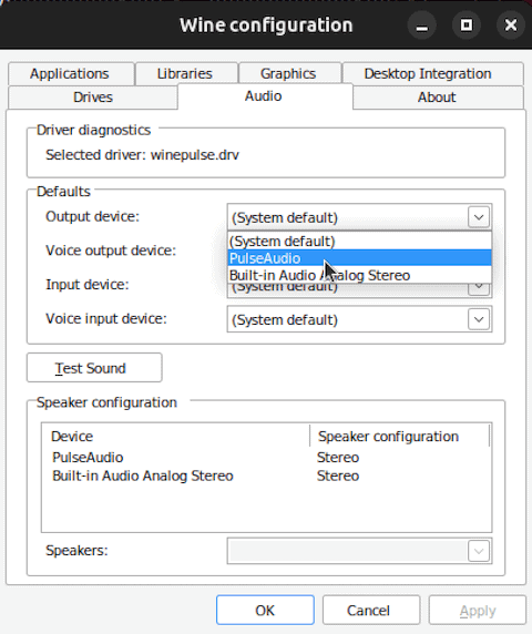 winecfg Audio Tab