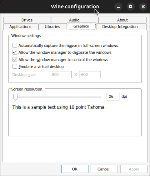 winecfg Graphics Tab