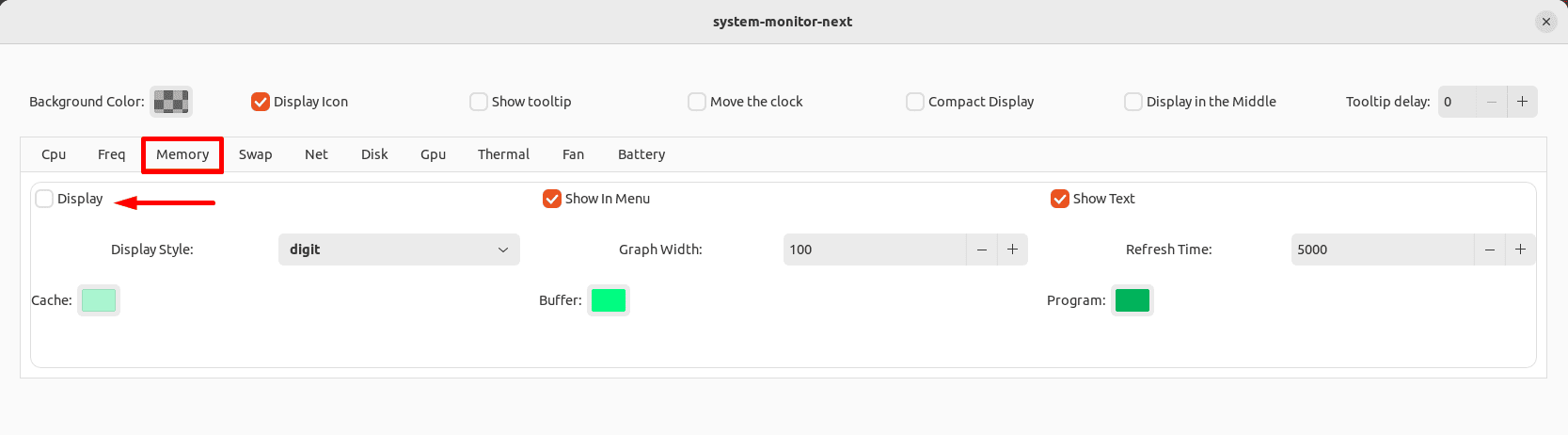 Hiding memory details from the menubar using system-monitor-next on Linux