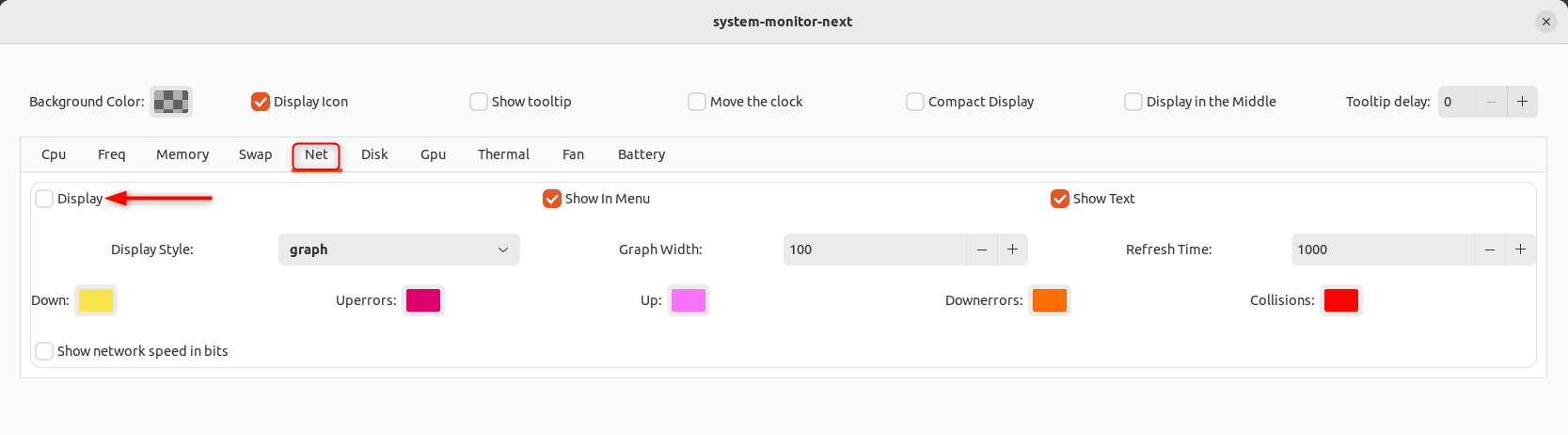 Hiding network details from the menubar using system-monitor-next on Linux