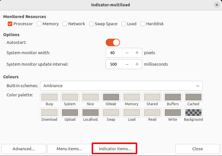 Opening Indicator Items settings of System load indicator on Linux