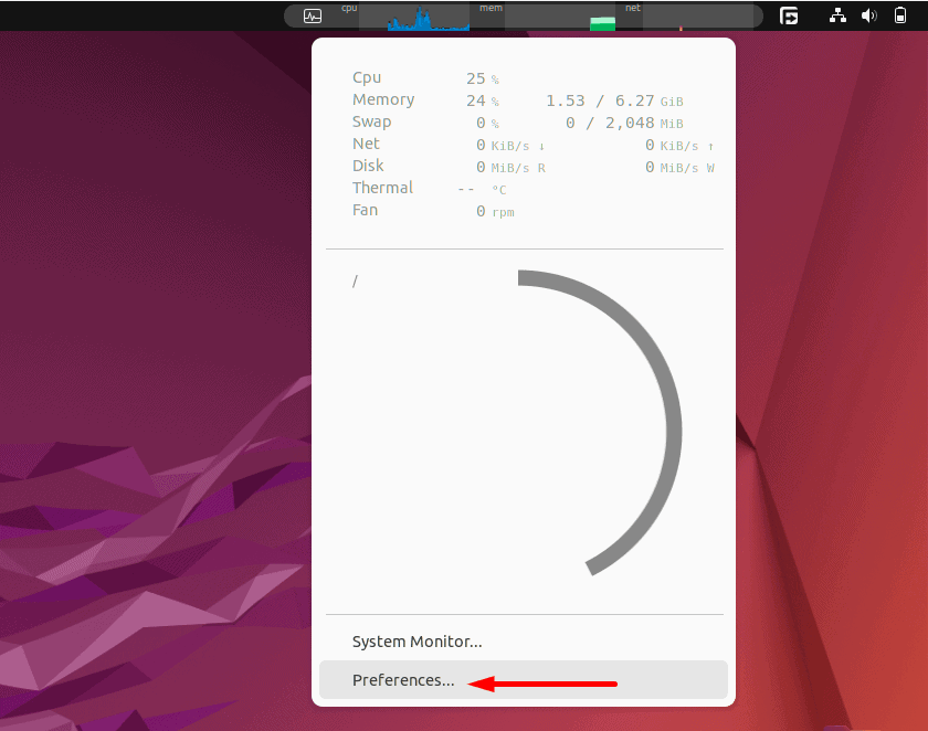 Opening Preferences settings of system-monitor-next on Linux