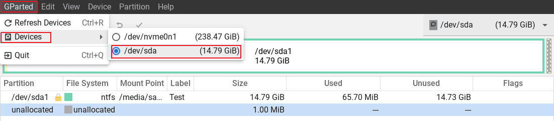 USB Drive Selection GParted Tool