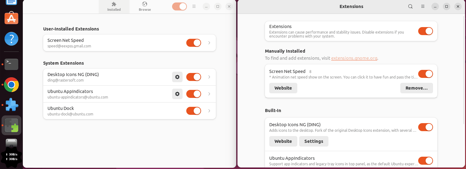 Viewing installed Network speed extension in Extensions Manager and Extensions app