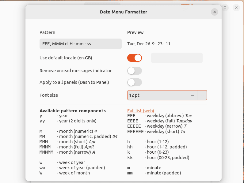 changing time pattern of date menu formatter extension on linux