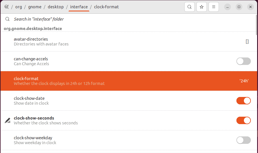 configuring time format options in dconf editor