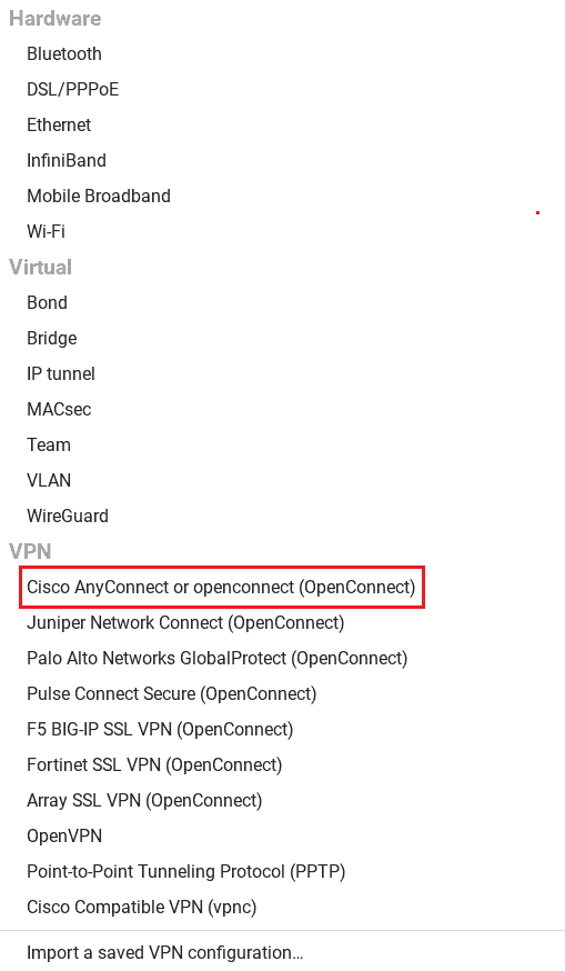 list of all available network connections