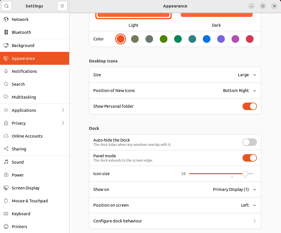 appearance settings on linux