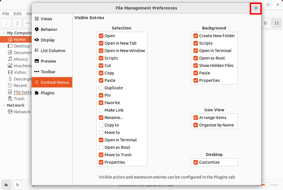 closing file management preferences settings in linux