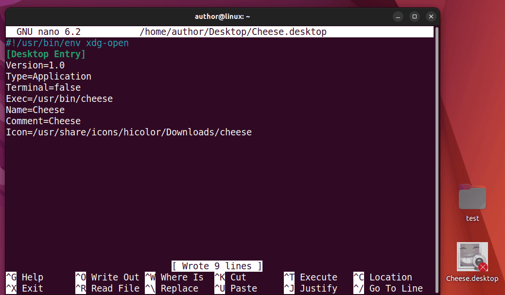 creating cheese.desktop file via nano editor