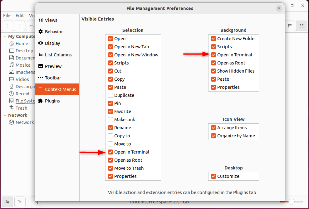 enabling open in terminal option in selection and background entries of Nautilus in linux