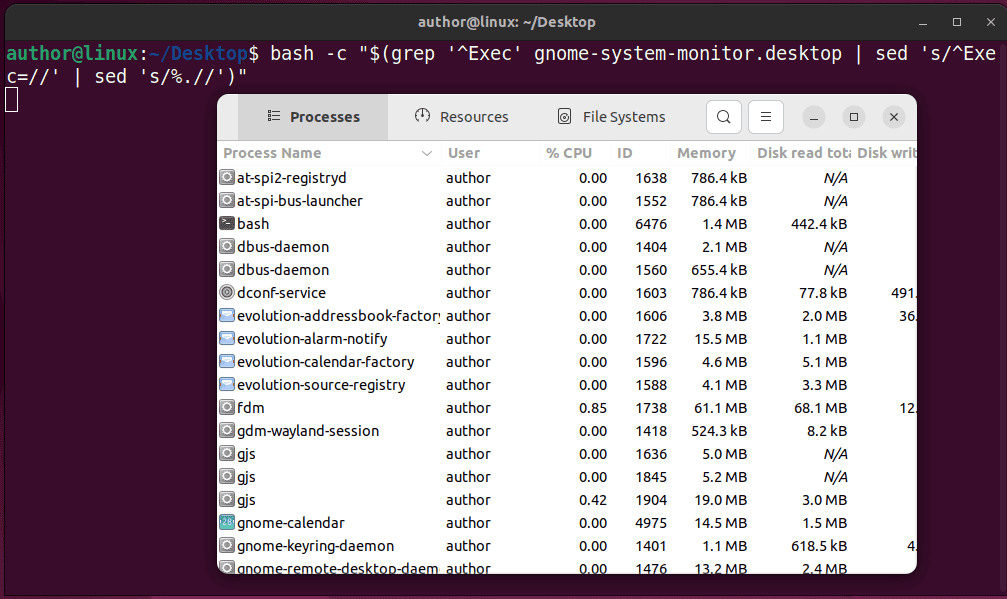 launching .desktop file using bash substitution