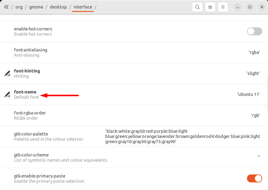 navigating to interface font-name settings in dconf editor