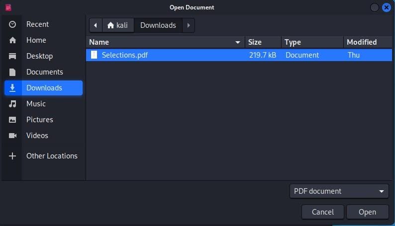 File picker dialog box in Okular