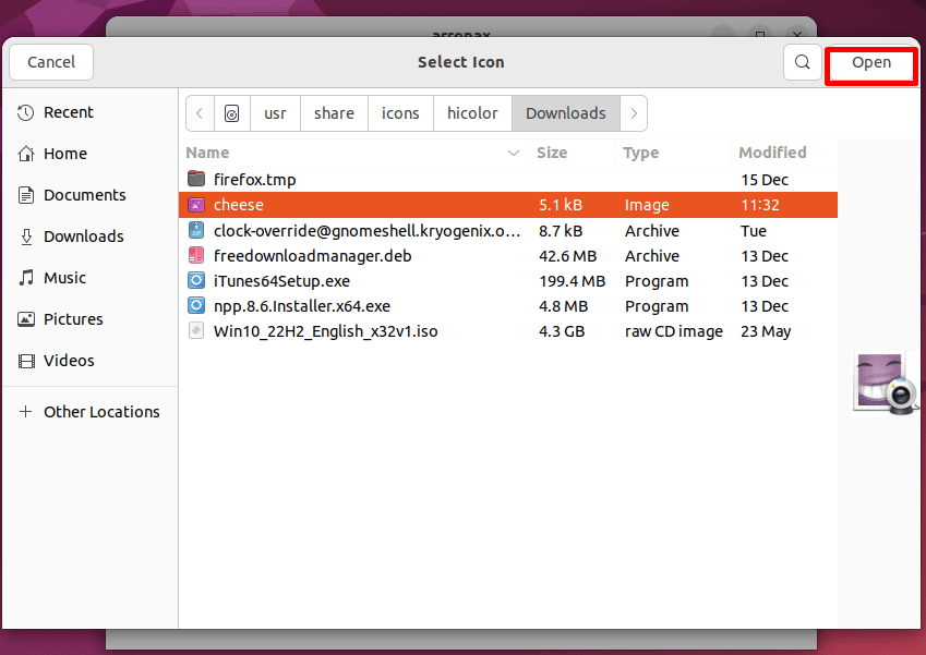 opening cheese icon file on linux