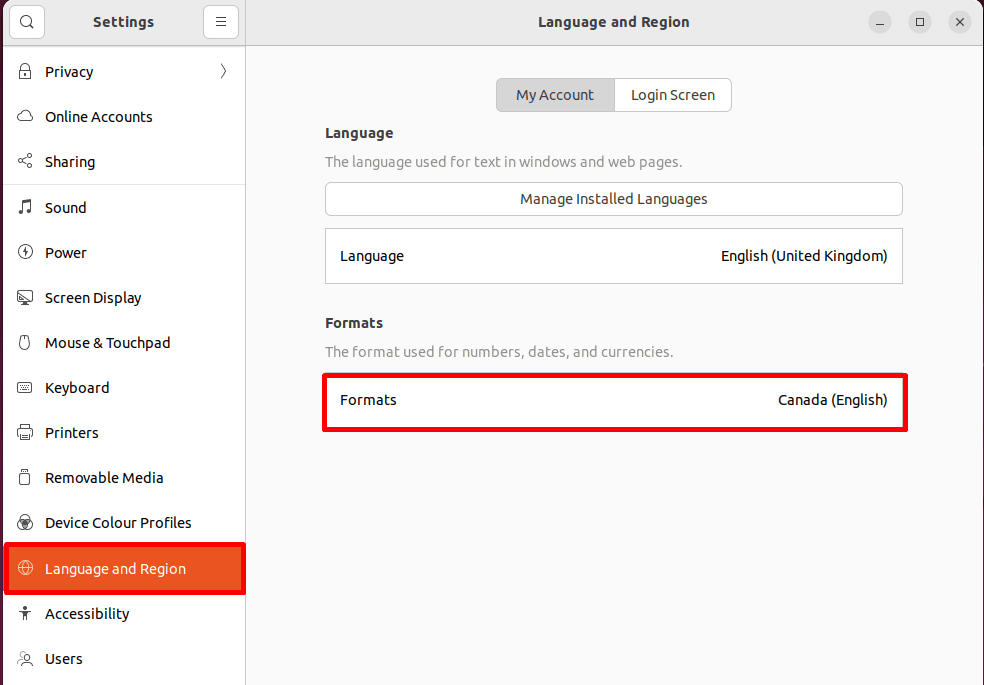 opening format settings on linux