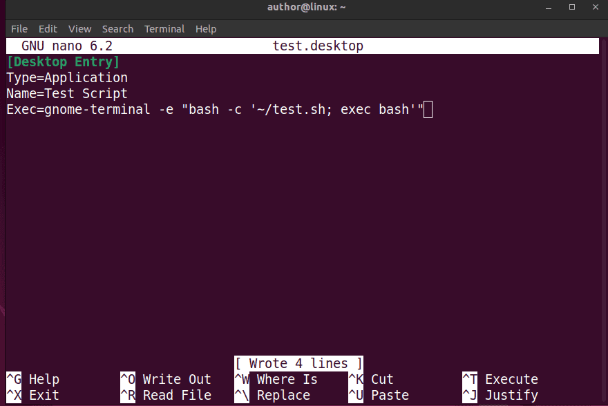 saving test.desktop on linux