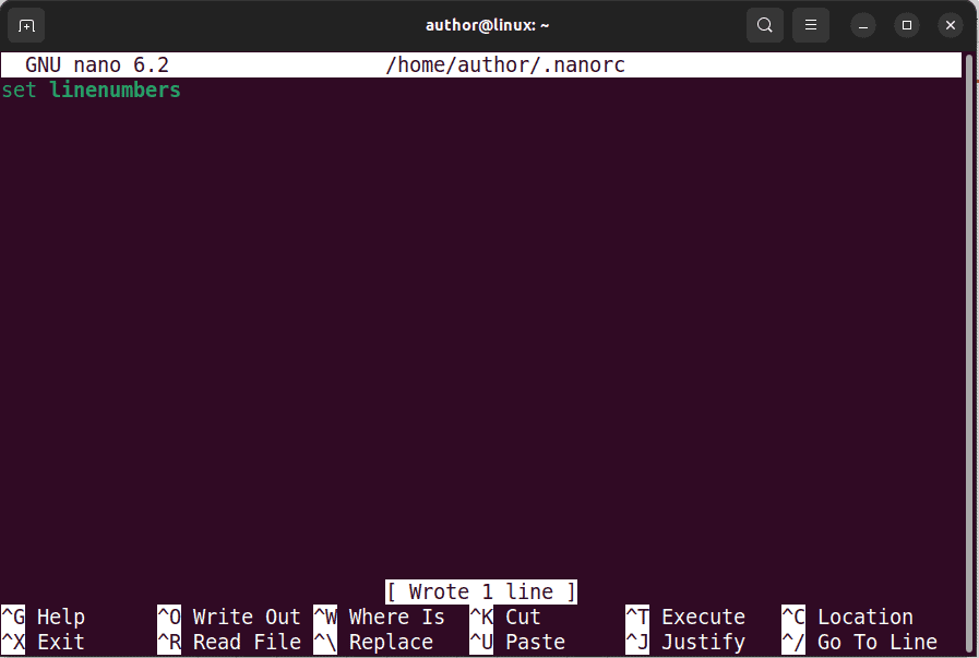 setting line numbers in .nanorc file in linux
