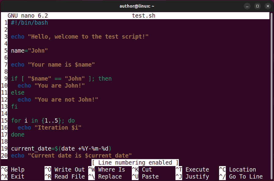 showing line number using alt+n shortcut key in nano