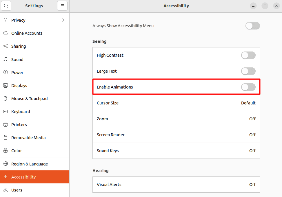 Accessibility settings disable animations 