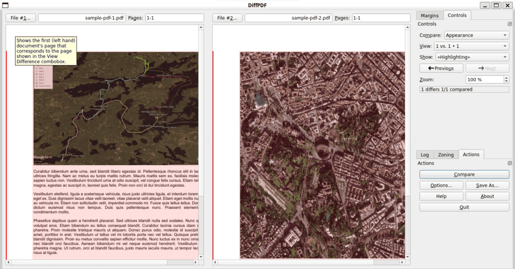 Comparison of two PDFs using diffpdf