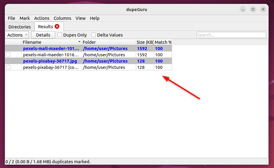 viewing duplicate photos on dupeguru tool