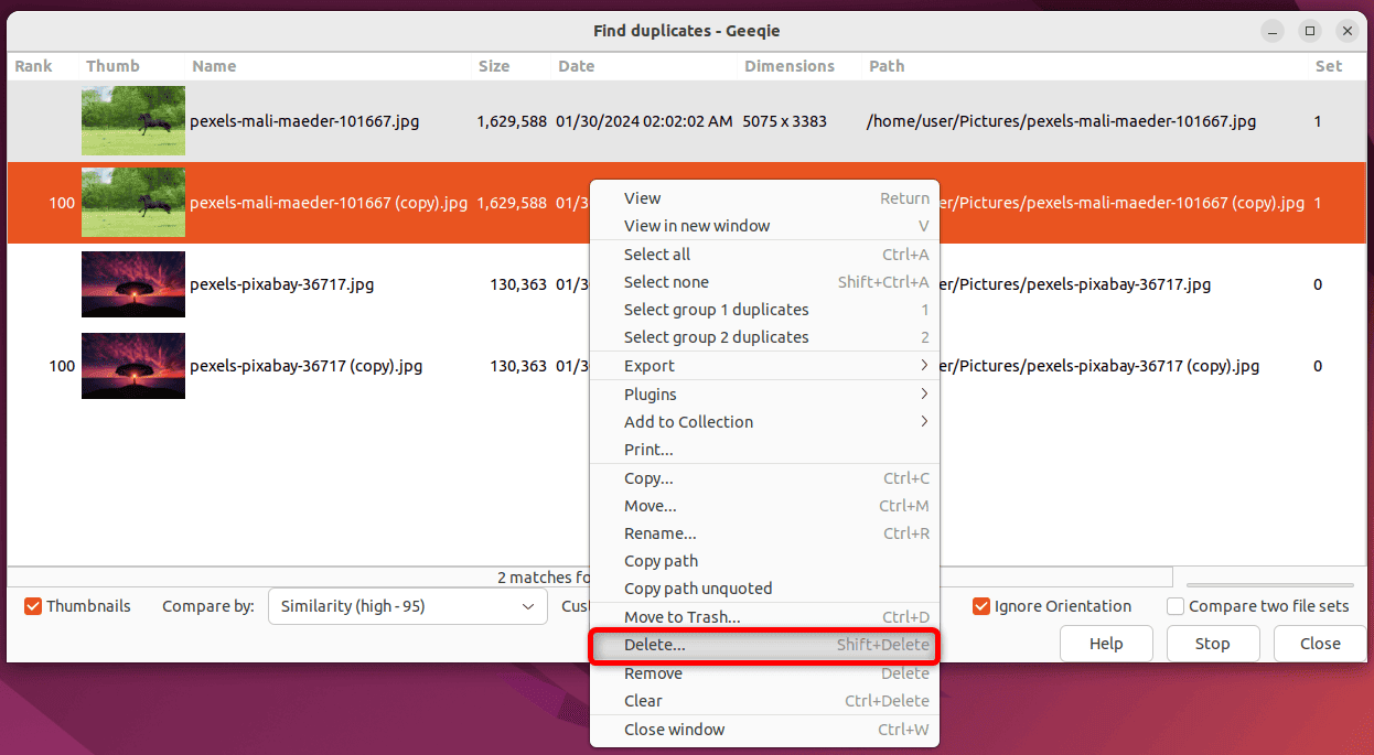 removing duplicate photos on geeqie tool