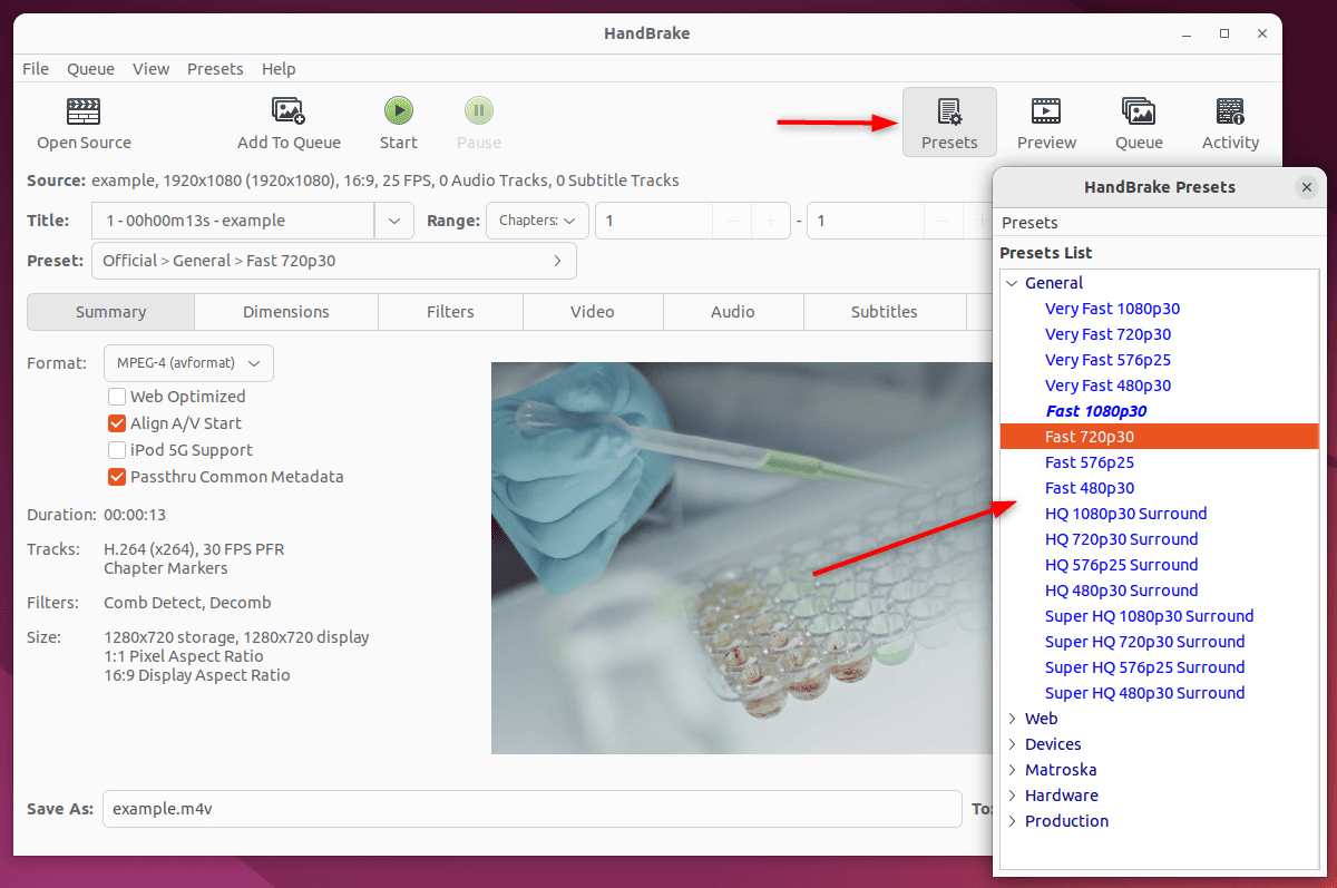 selecting pre-defined presets in handbrake tool