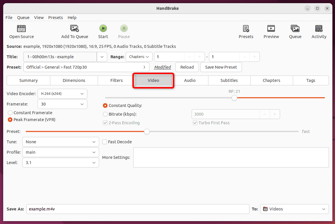 specifying additional setting of video through various parameters of handbrake tool