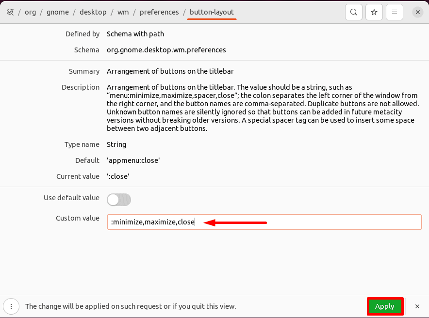 Setting custom value of the button layout of GNOME shell windows
