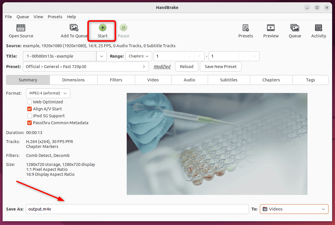 starting the process of downsampling video on handbrake tool