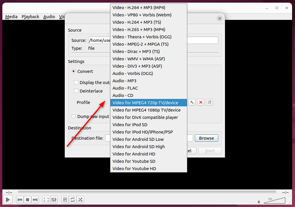 choosing predefined profile list in vlc tool